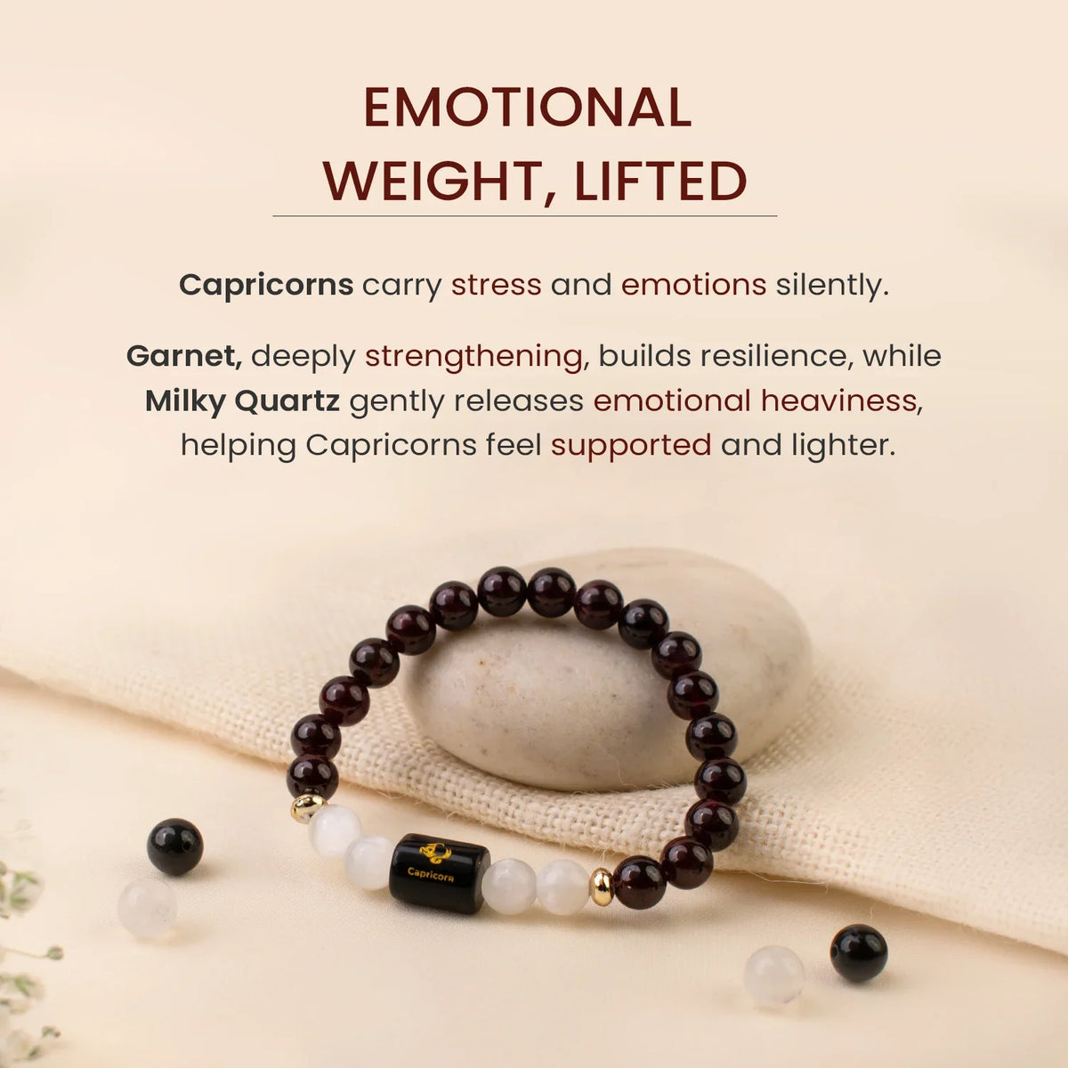 Capricorn (मकर राशि) Zodiac Garnet & Milky Quartz Bracelet
|| 22 Dec – 19 Jan ||