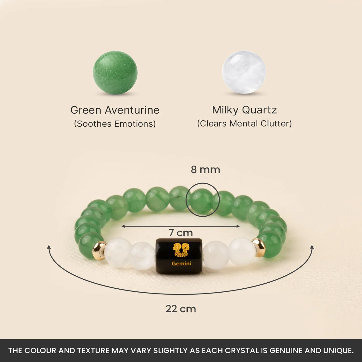 Gemini (मिथुन राशि) Zodiac Green Aventurine & Milky Quartz Bracelet
|| 21 May – 20 Jun ||