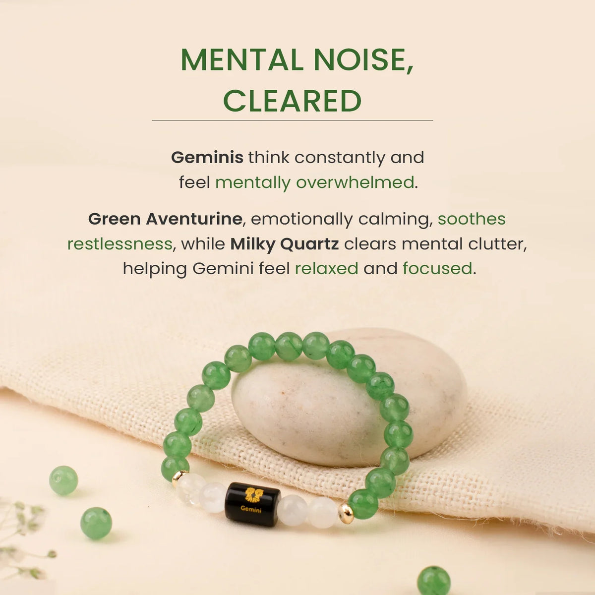 Gemini (मिथुन राशि) Zodiac Green Aventurine & Milky Quartz Bracelet
|| 21 May – 20 Jun ||