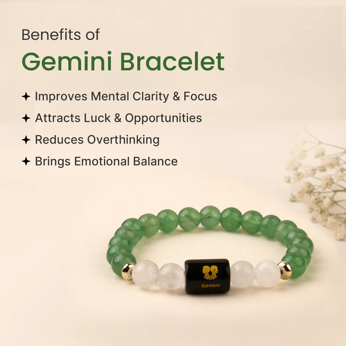 Gemini (मिथुन राशि) Zodiac Green Aventurine & Milky Quartz Bracelet
|| 21 May – 20 Jun ||